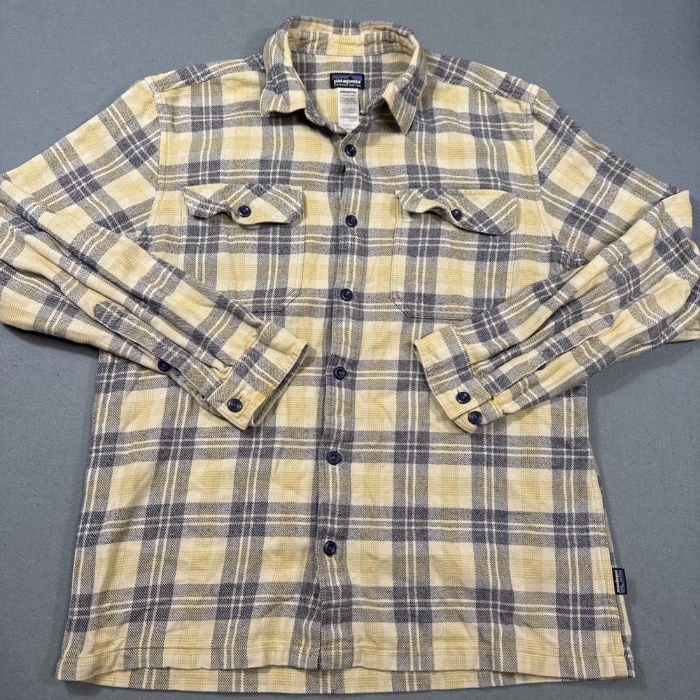 Patagonia Shirt Mens MEDIUM YELLOW Blue Fjord Flannel 100% Organic FLAP POCKETS
